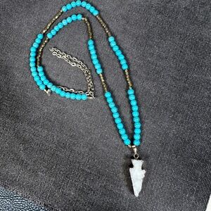 Southwestern Turquoise Bead Necklace Real Druzy Quartz Arrowhead Pendant 36